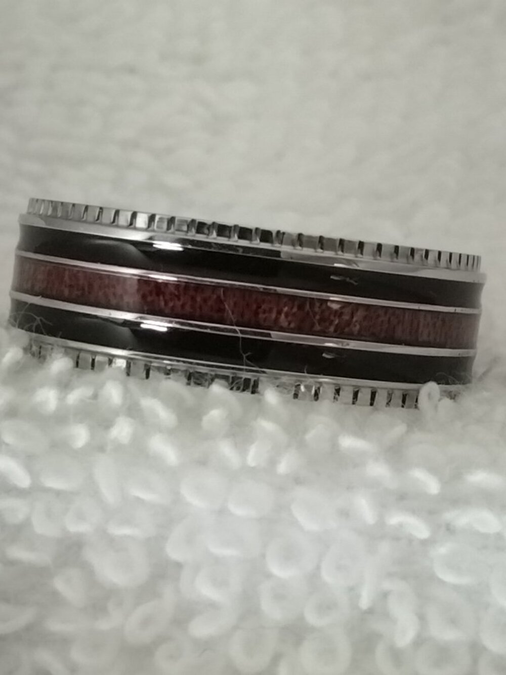 Size 13 Silver Stainless Steel Wedding Band – Brown/Black Inlay